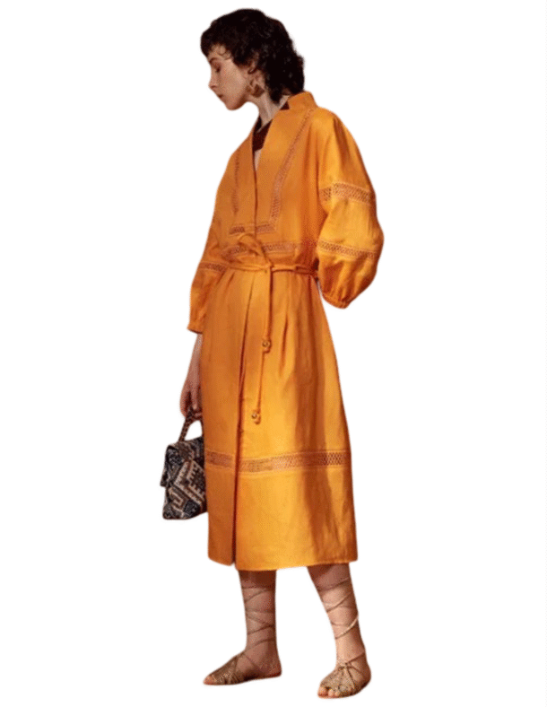 Marilyn's Linen Mandarin Collar Long Sleeve Long Dress Pockets